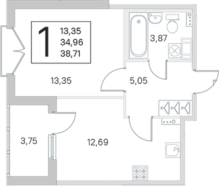 1-комнатная квартира 34.96 м², 3/4 эт., ЖК «Любоград в Стрельне»